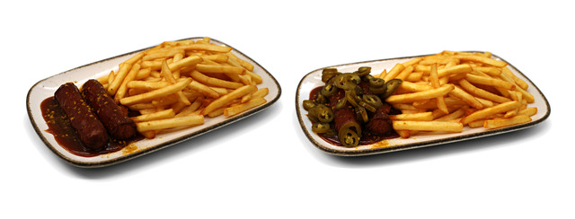 Currywurst mit Pommes und Hot Currywurst mit Pommes